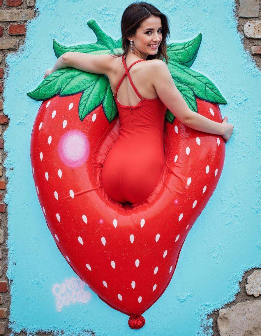 At the bottom of the image is a banski graffiti of a strawberry balloon. Photoshopped into the top of the image is Hayley...