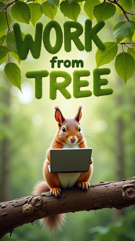 A playful meme-style image of a squirrel holding a miniature laptop,  sitting on a tree branch. The leaves above form the...