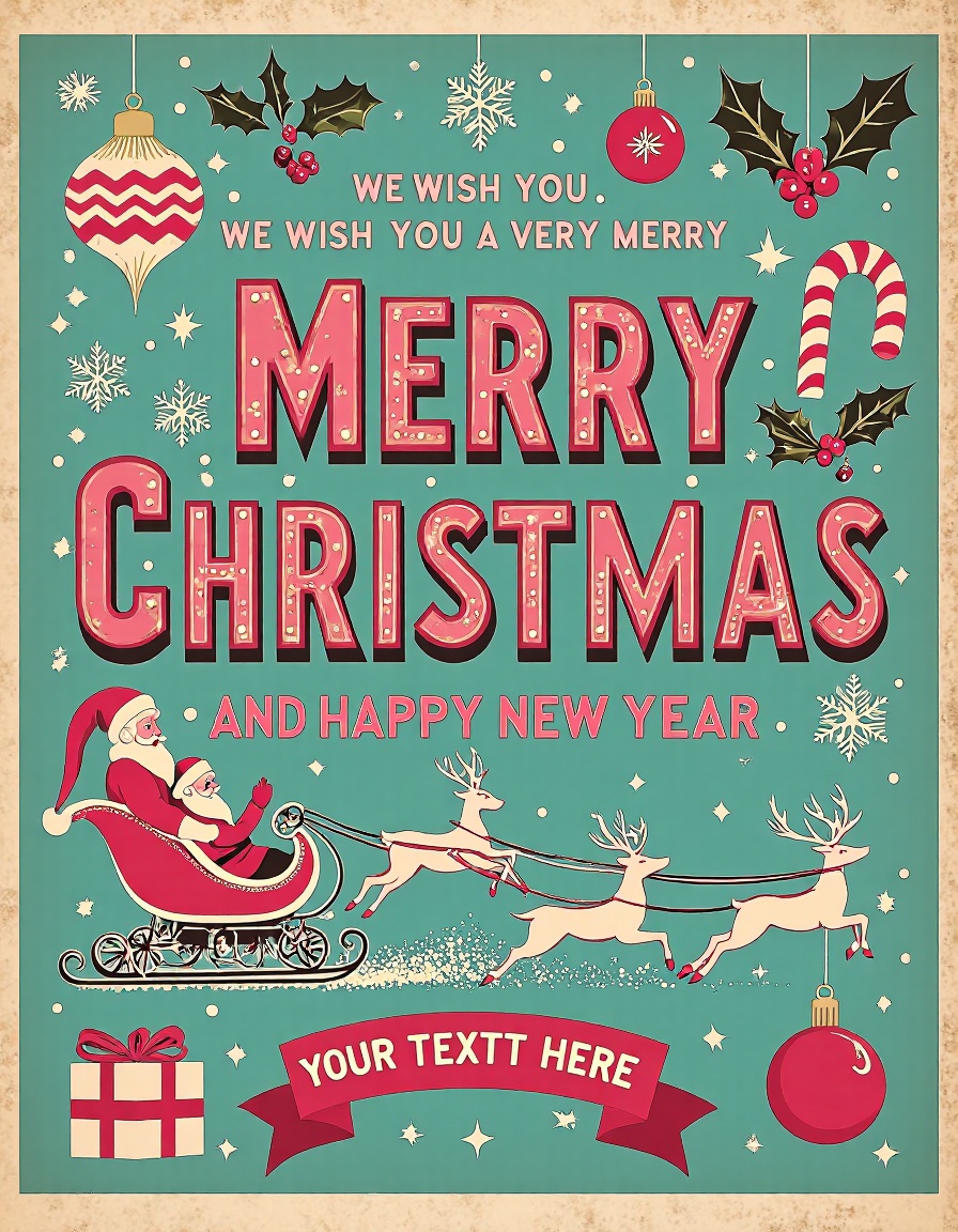 retro vintage illustration,  This is a high-quality,  digitally created Christmas card with a vintage aesthetic. The backg...