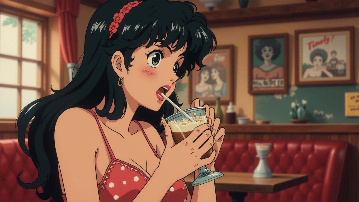 Vintage Anime. A woman in a pub eating a milkshake . on Tensor.Art