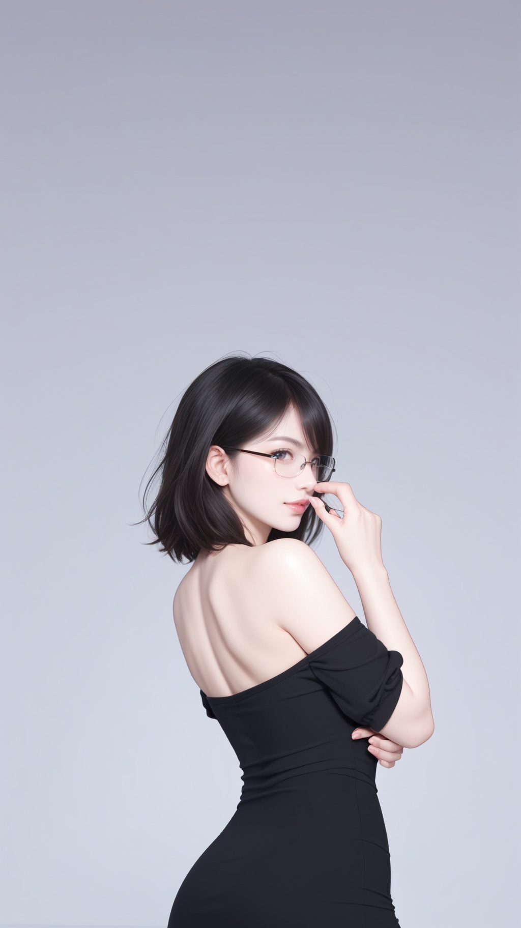 1girl,solo,Back Angle,black hair,lips,jewelry,white_marble_glowing_skin,(gently hold your glasses:1.4),black dress falling off her shoulder,portrait,(look at the viewer:1.1),looking back,realistic,, score_9, score_8_up, score_7_up,