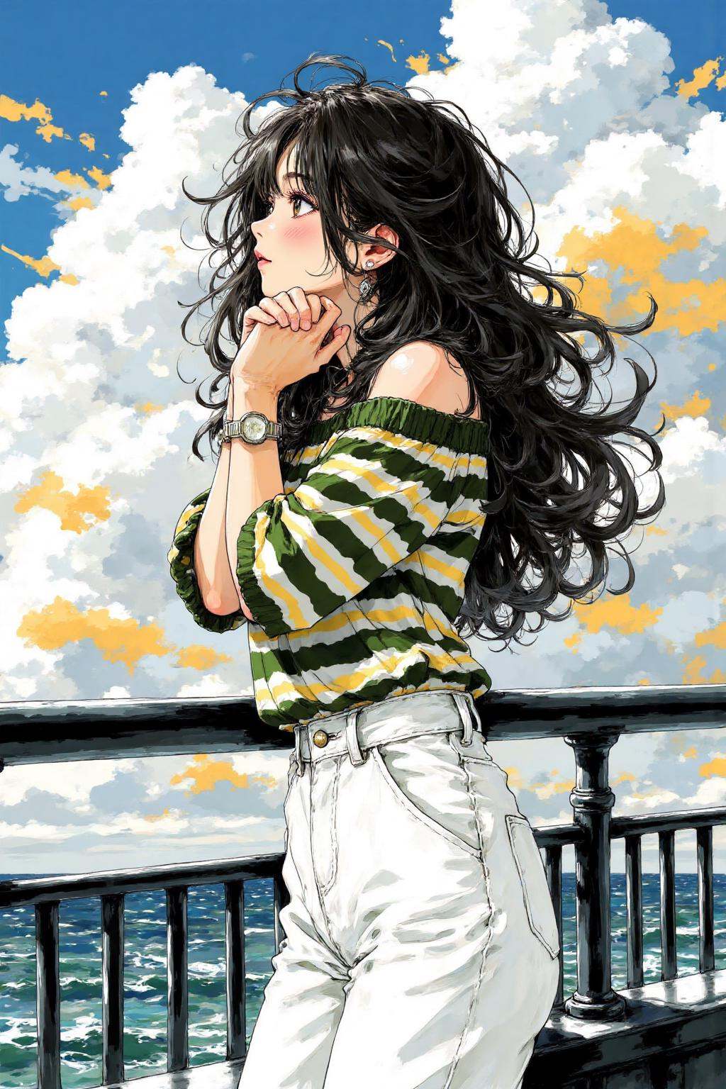 nijiwatercolor2 anime illustration.A young woman with long,  messy wavy black hair,  wearing a striped off-shoulder top wi...