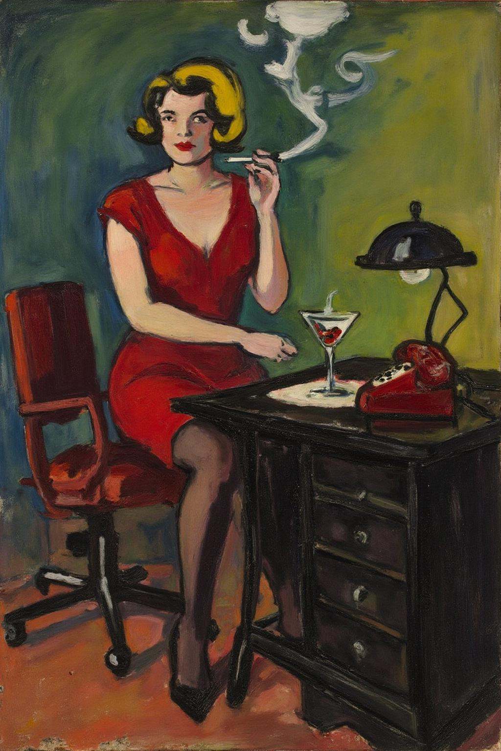 henrylymansayen1 painting.A woman is sitting on a black desk. She is dressed in a red dress,  stockings,  and high-heeled...