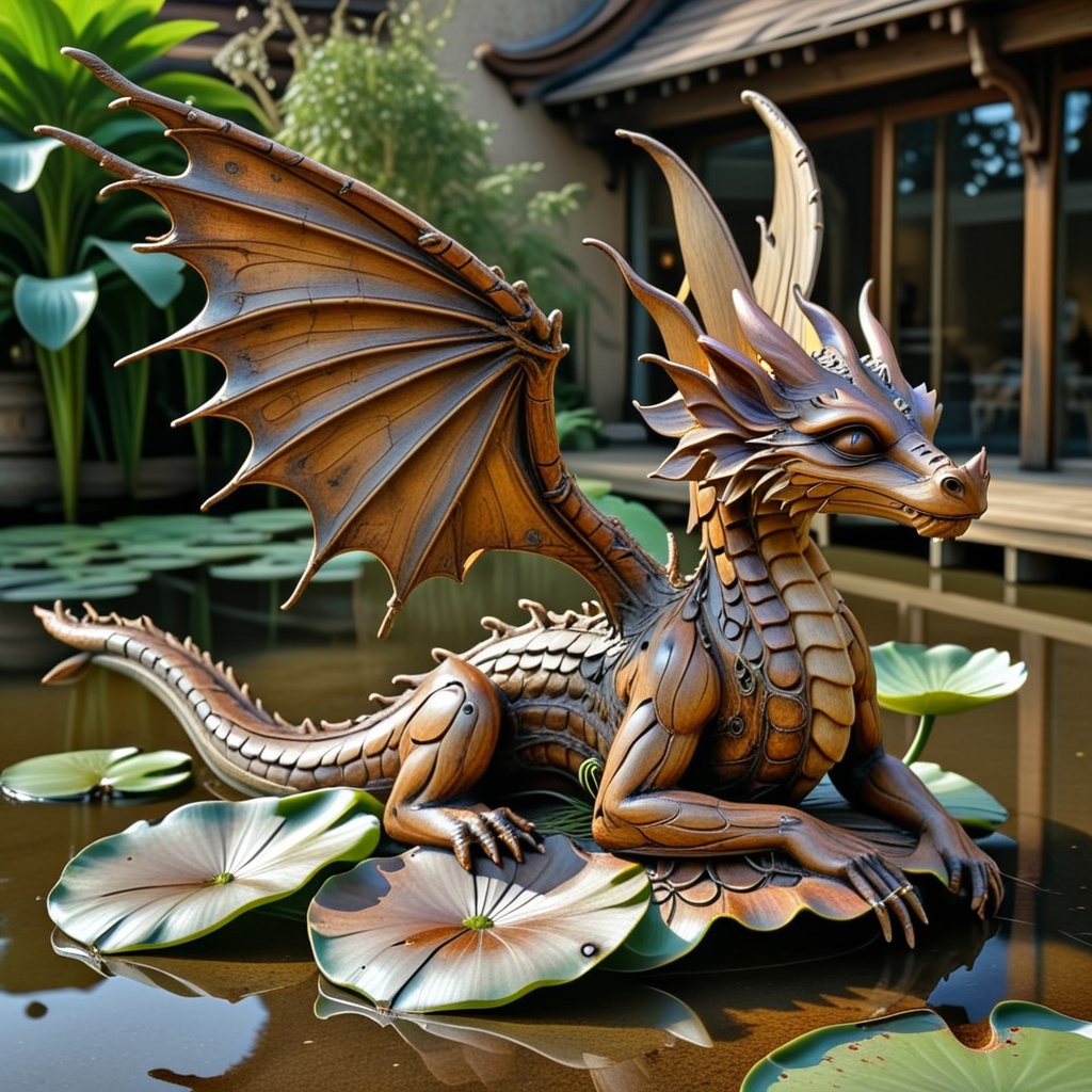 made of wood,  a faerie dragon,  extended wings on Tensor.Art
