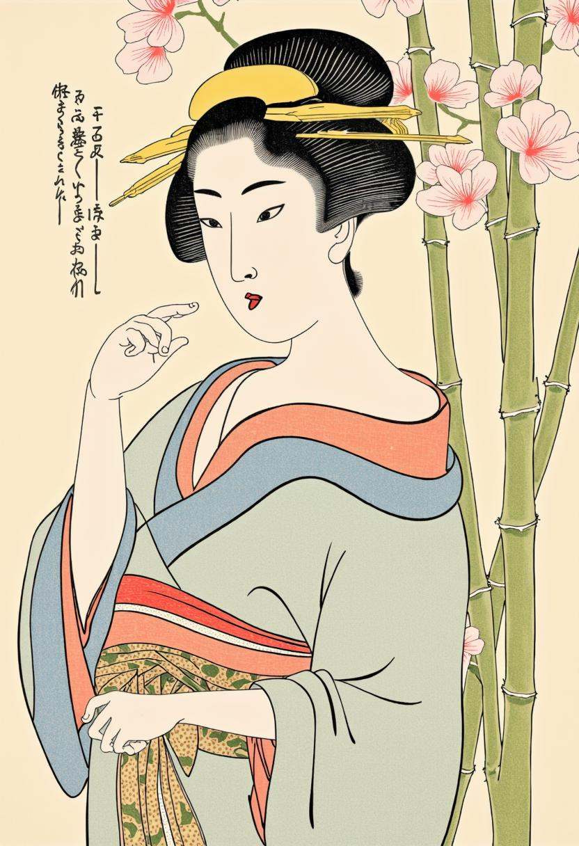 a detailed portrait of a Japanese woman in the style of traditional Shunga art. She has delicate features,  almond-shaped...