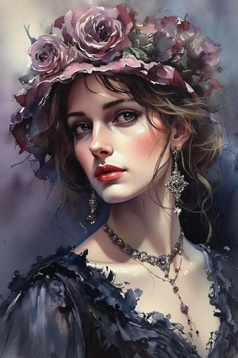 Thomas Schaller,  watercolor style,  A vintage gothic portrait of a woman on Tensor.Art