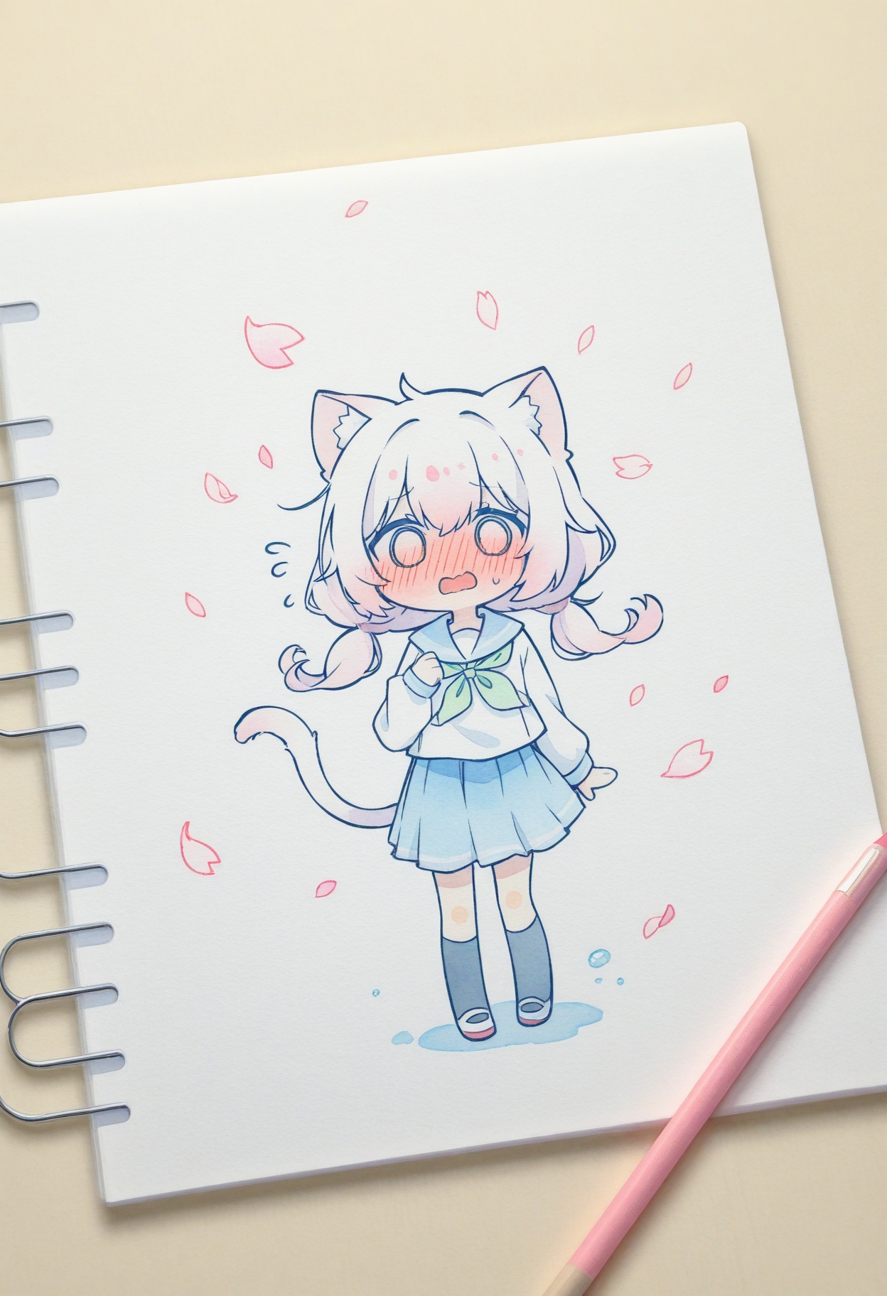 timid cat girl,  asymmetrical twin tails,  transparent art folder with chibi doodles on Tensor.Art