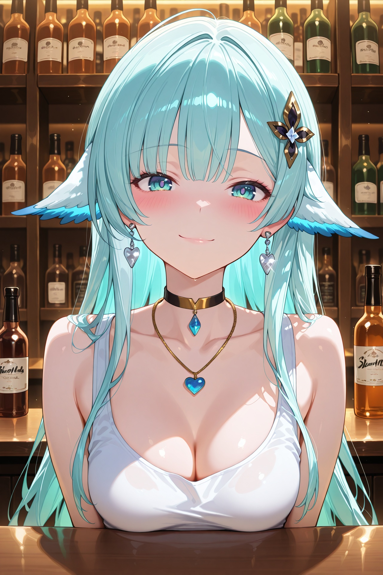 a beautiful blue-haired girl in a bar,  she has long messy blue hair and beautiful detailed deep green eyes,  she shows a...