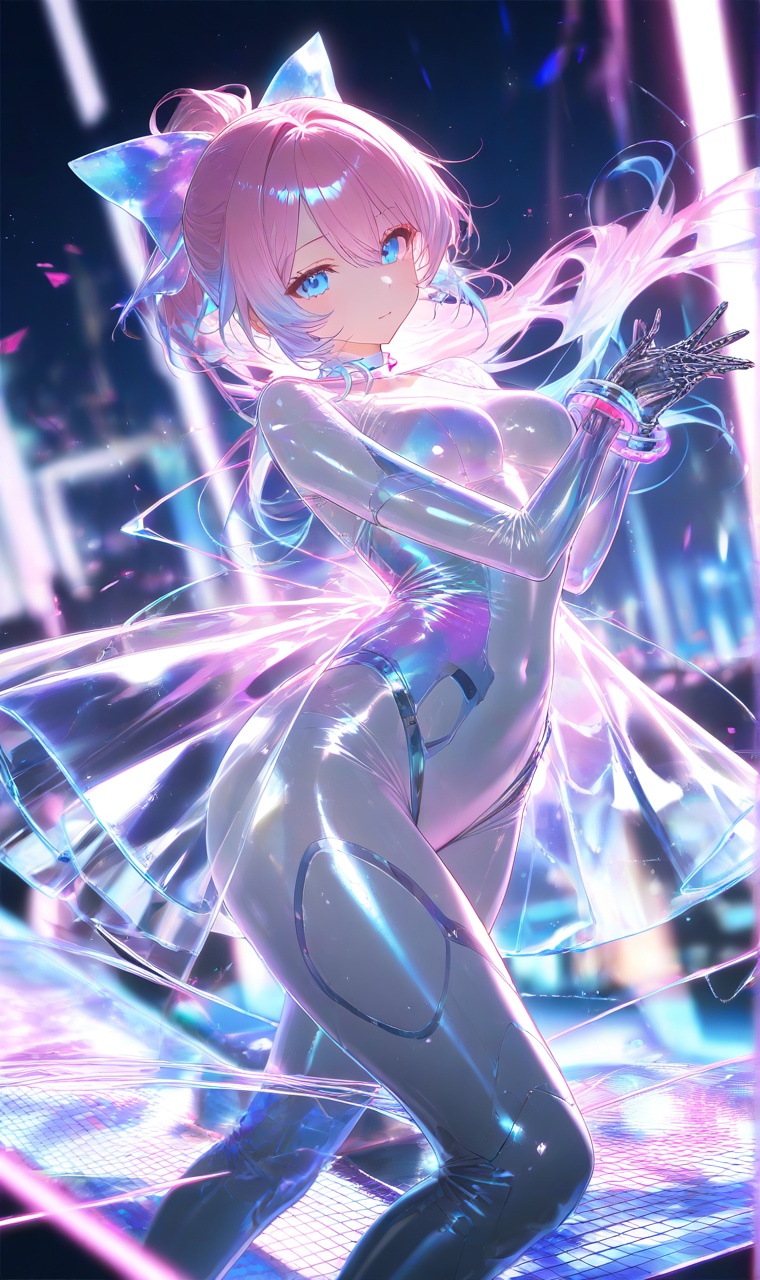 1girl,  solo,  Style: Futuristic and digital. Design: Holographic bodysuit with pixelated patterns on Tensor.Art