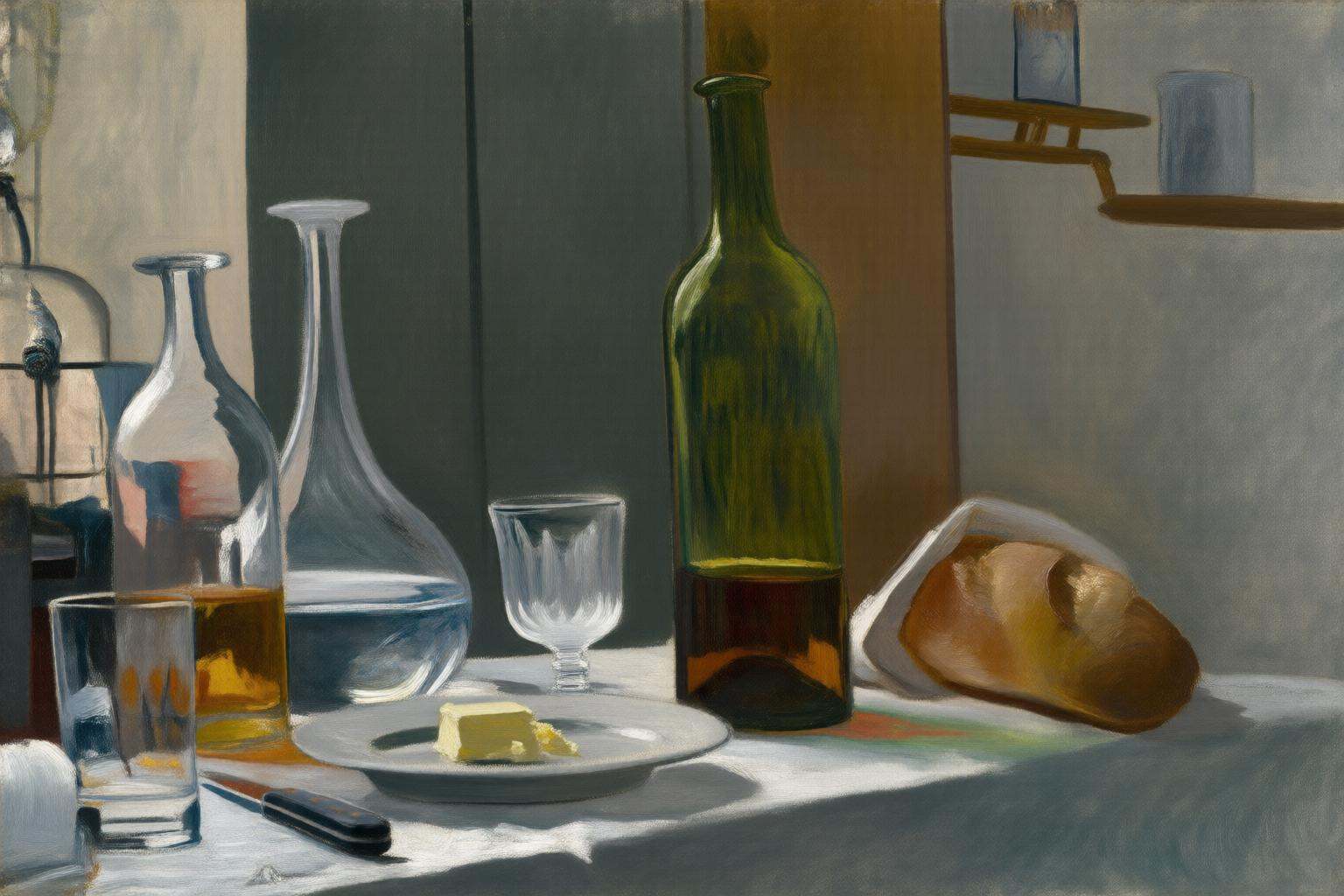 claudemonet2q painting.claudemonet1 painting. A cluttered table with a tall green wine bottle,  a small white wine glass,...