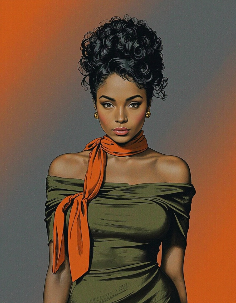 RobGin style. A portrait of a woman with an afro hairstyle,  wearing an off-the-shoulder olive green dress with an orange...