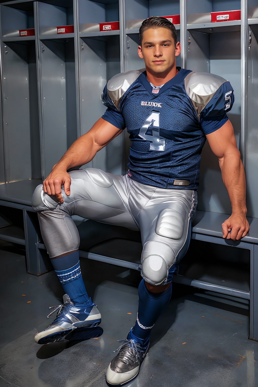 in an American football locker room,  (sitting on a bench),  legs spread open on Tensor.Art