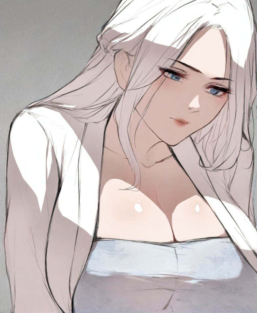 solo,highly detailed,(best quality),((masterpiece)),1girl,simple background,<lora:宁114XL:1>,ning,long hair,blue eyes,white clothes,mature_female,