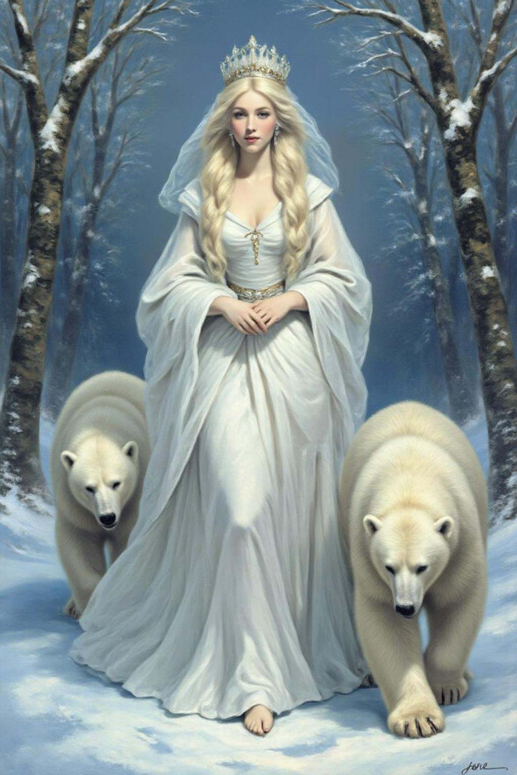 jore1 painting A Snow Queen with an ethereal appearance. She is dressed in a flowing,  long white gown that seems to shimm...