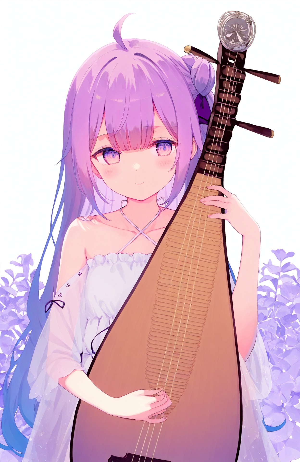 1girl,solo,kuse \(0201\),cream \(nipakupa\),hiten \(hitenkei\),rurudo,weri,toosaka asagi,unicorn \(azur lane\),purple eyes,playing instrument,<lora:instrumentsXL:1>,pipa \(instrument\),light smile,looking to the side,, masterpiece, newest, absurdres,safe