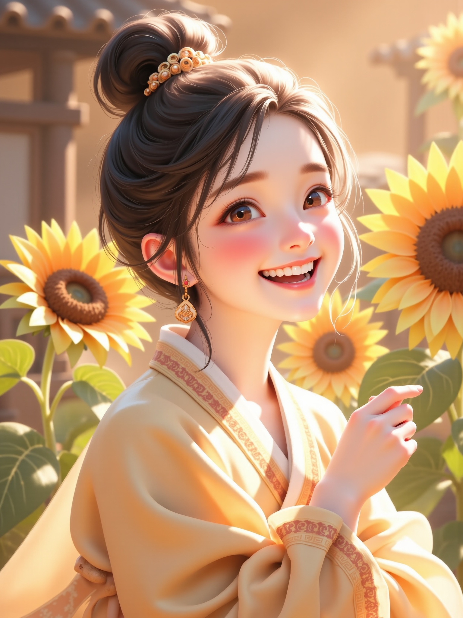 A woman in Hanfu smiles as sunflowers bloom in the background,