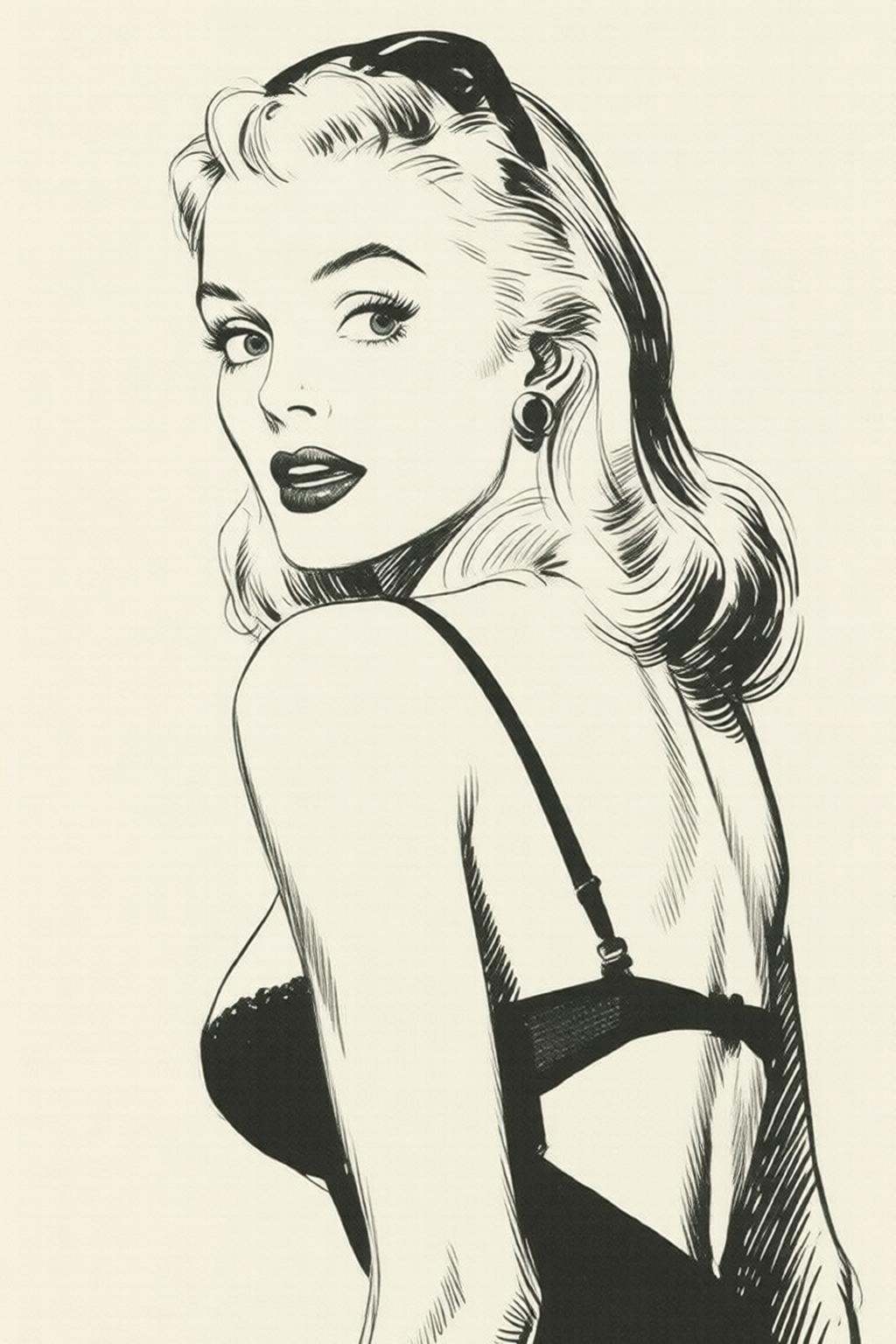alexraymond2q illustration. Black and white drawing. A blonde woman turning head looking back in surprise. She is wearing...