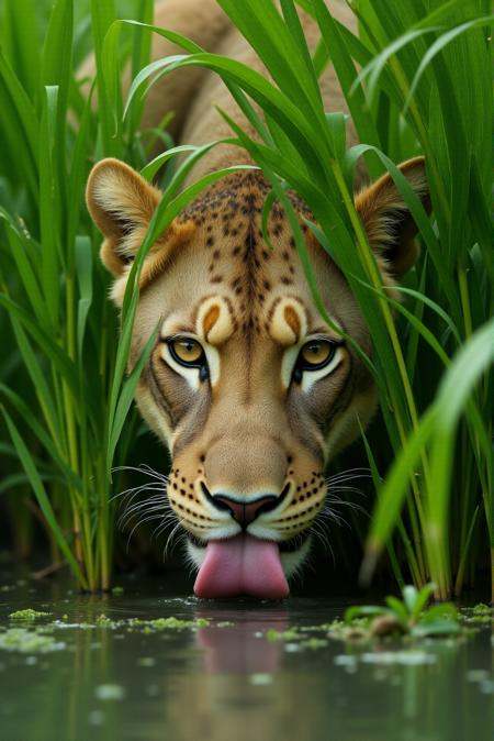 CinematicSavannah style. A lioness crouches low amid a dense curtain of emerald-green reeds,  her tawny face partially vei...