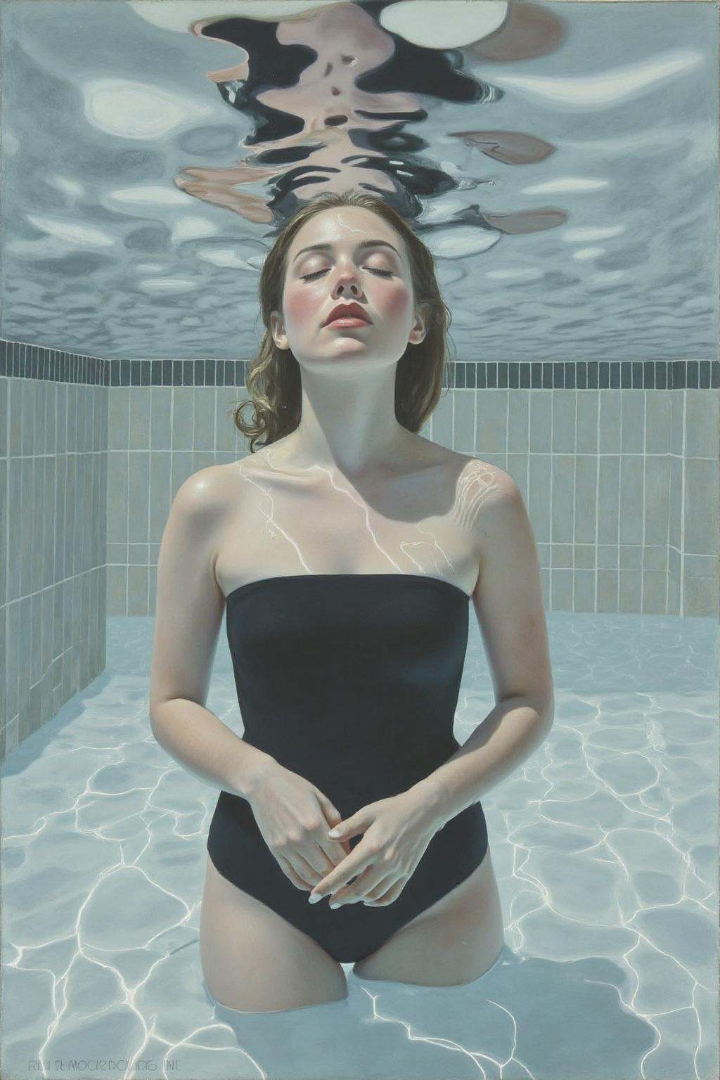 daho1 painting.Closeup shot of a serene and artistic underwater scene featuring a woman partially submerged in water. She...