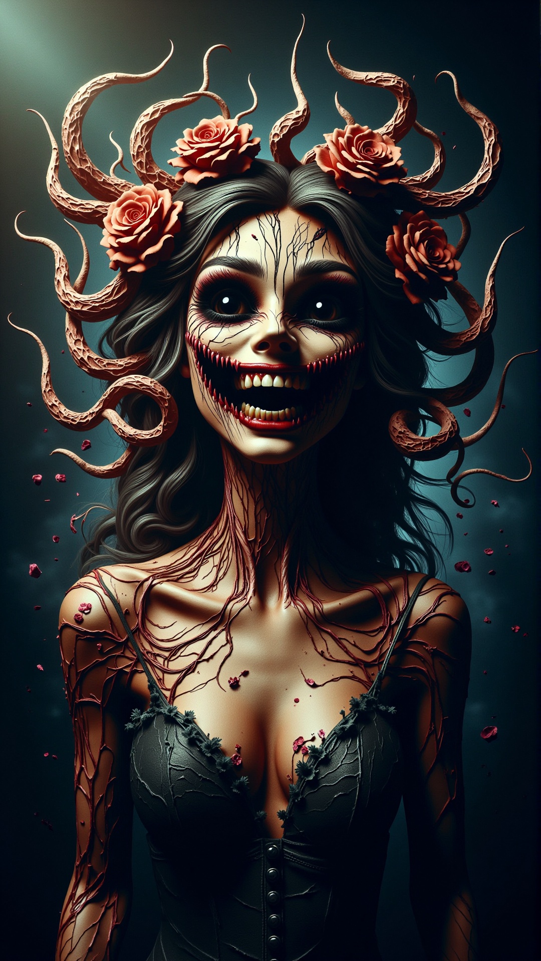 a photorealistic dark horror malevolence tendrils clear portrait of keyword,  adorable appearance!!!,  golden hour on Tens...