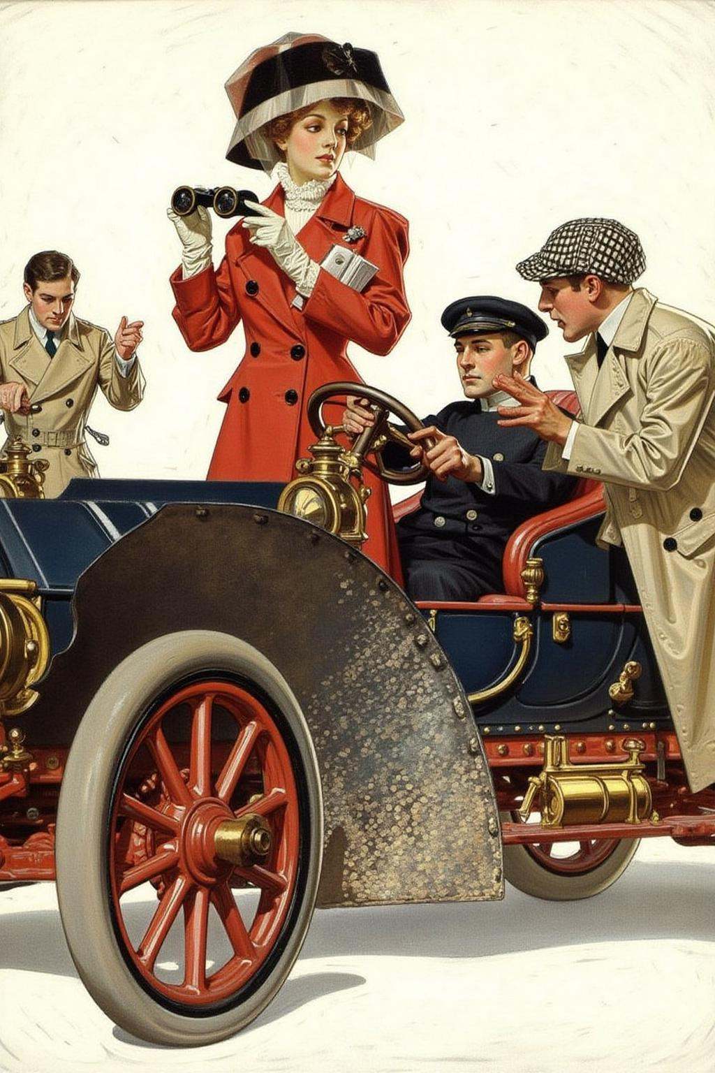 jcleyen1 painting.A vintage-style illustration set in the early 20th century,  depicting a grand automobile with large bra...