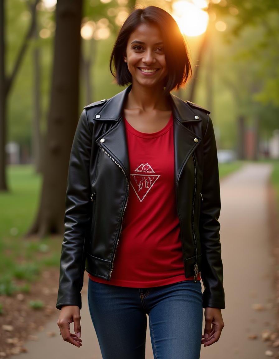 She is walking in a park with nice trees,  wearing red a t-shirt with a triangle,  a jeans on Tensor.Art