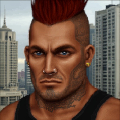 JA2 style portrait of a man with a distinctive appearance. The man has a rugged,  masculine face with a prominent jawline,...