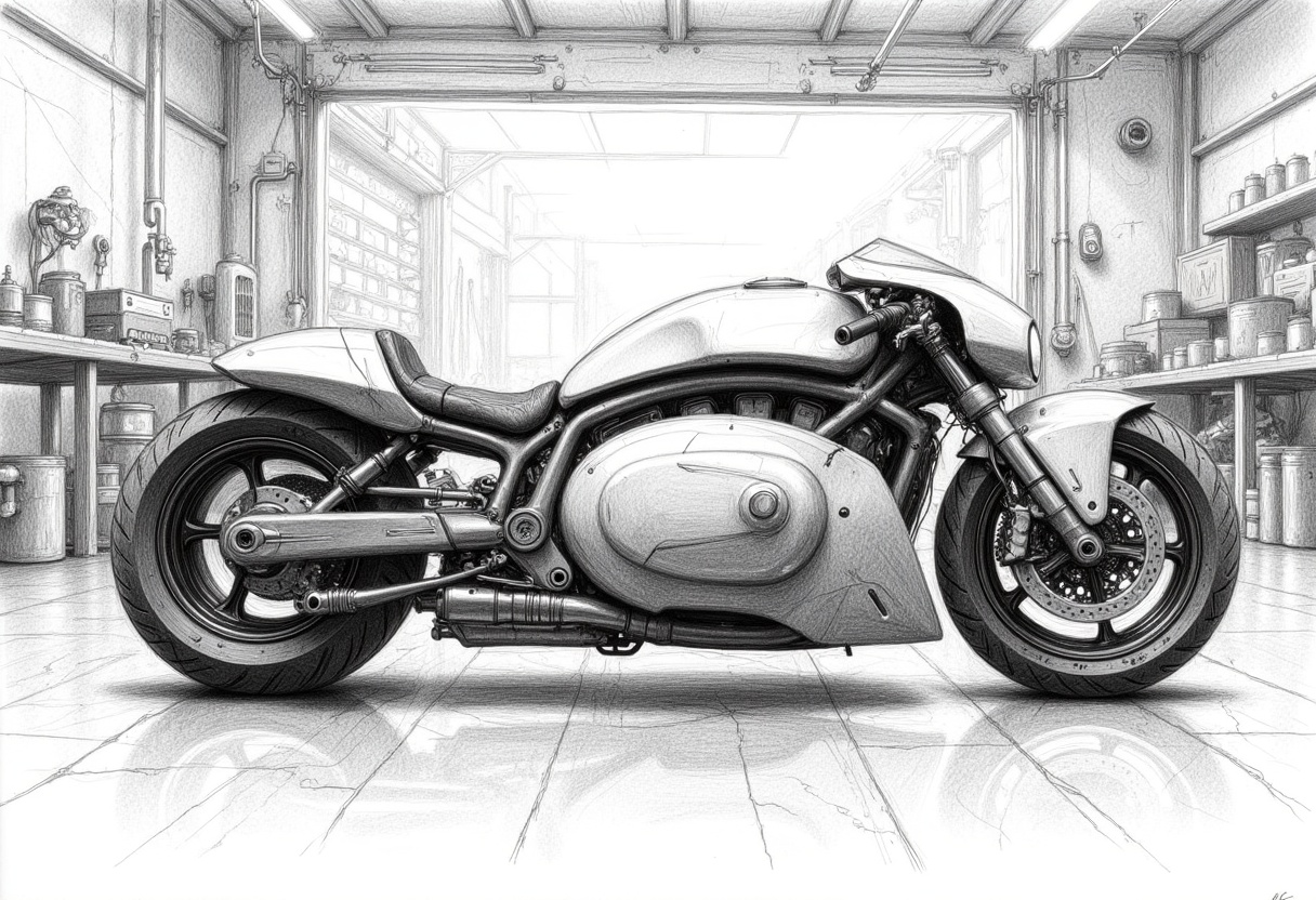 pencil drawing of side view,  sleek futurist moto in a mechanical garage,  tools on Tensor.Art