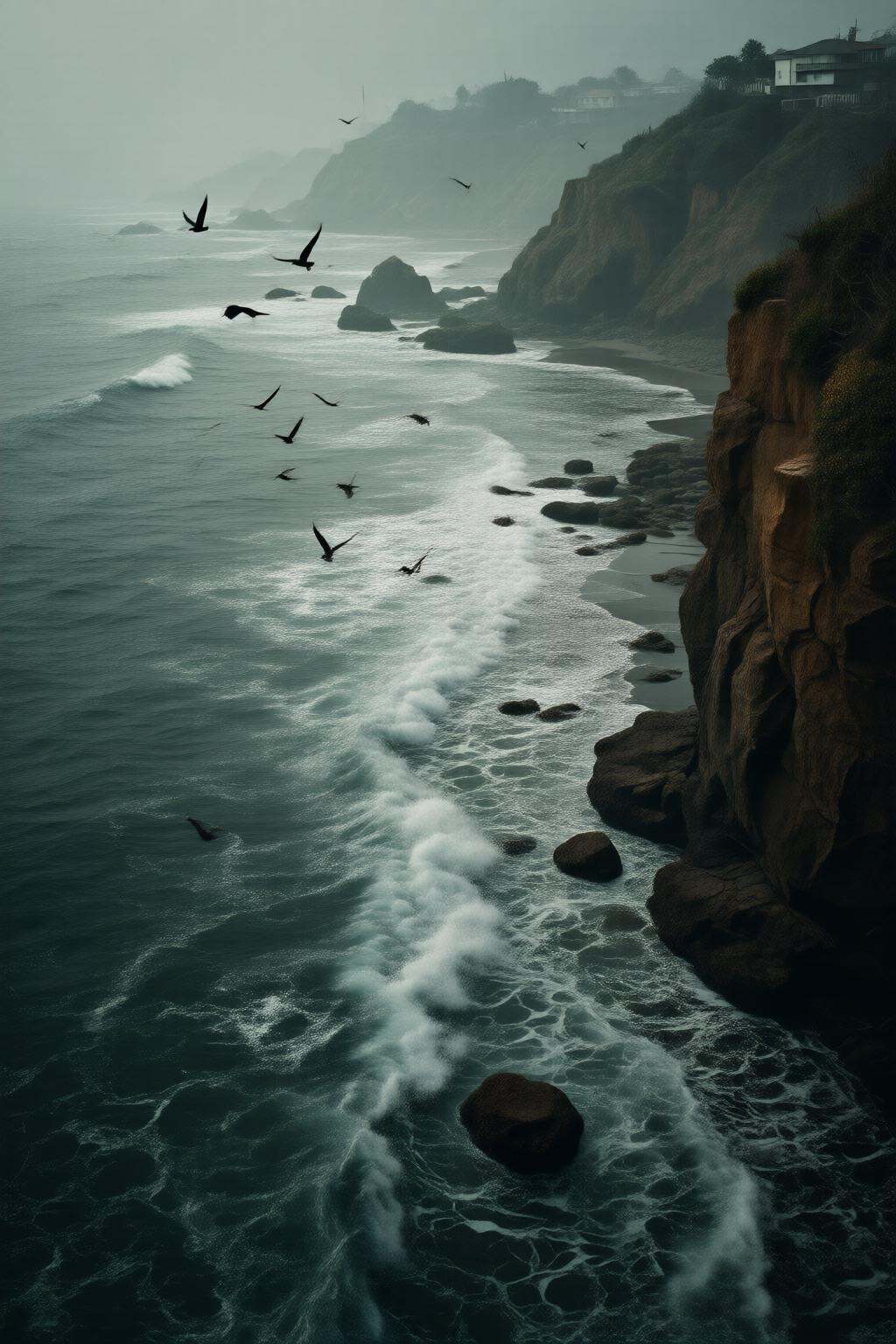 midjourneyhighangle13q High angle view. A coastal scene with a steep cliff on the right side,  which is covered with some...