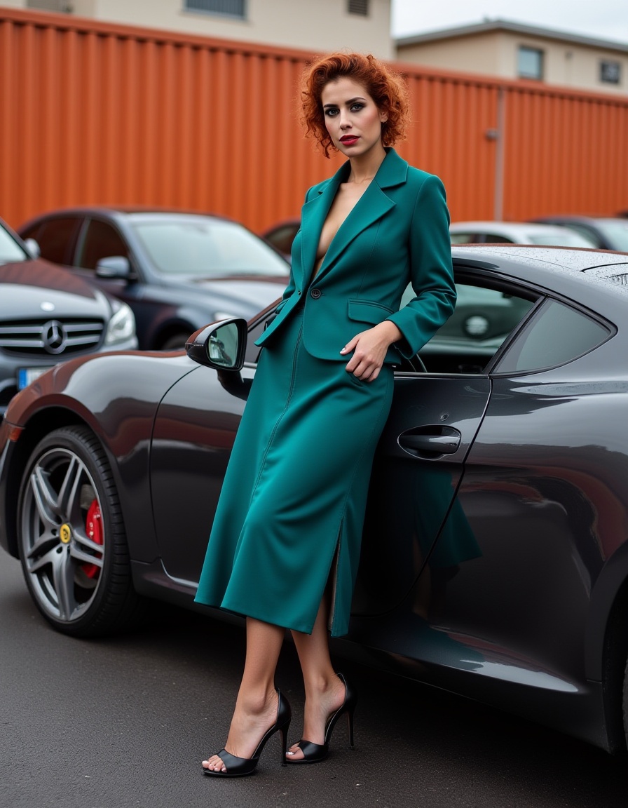 Full-length shot of a woman leaning against a dark-colored car. Mid-20s to early 30s,  woman,  short curly red hair . She...