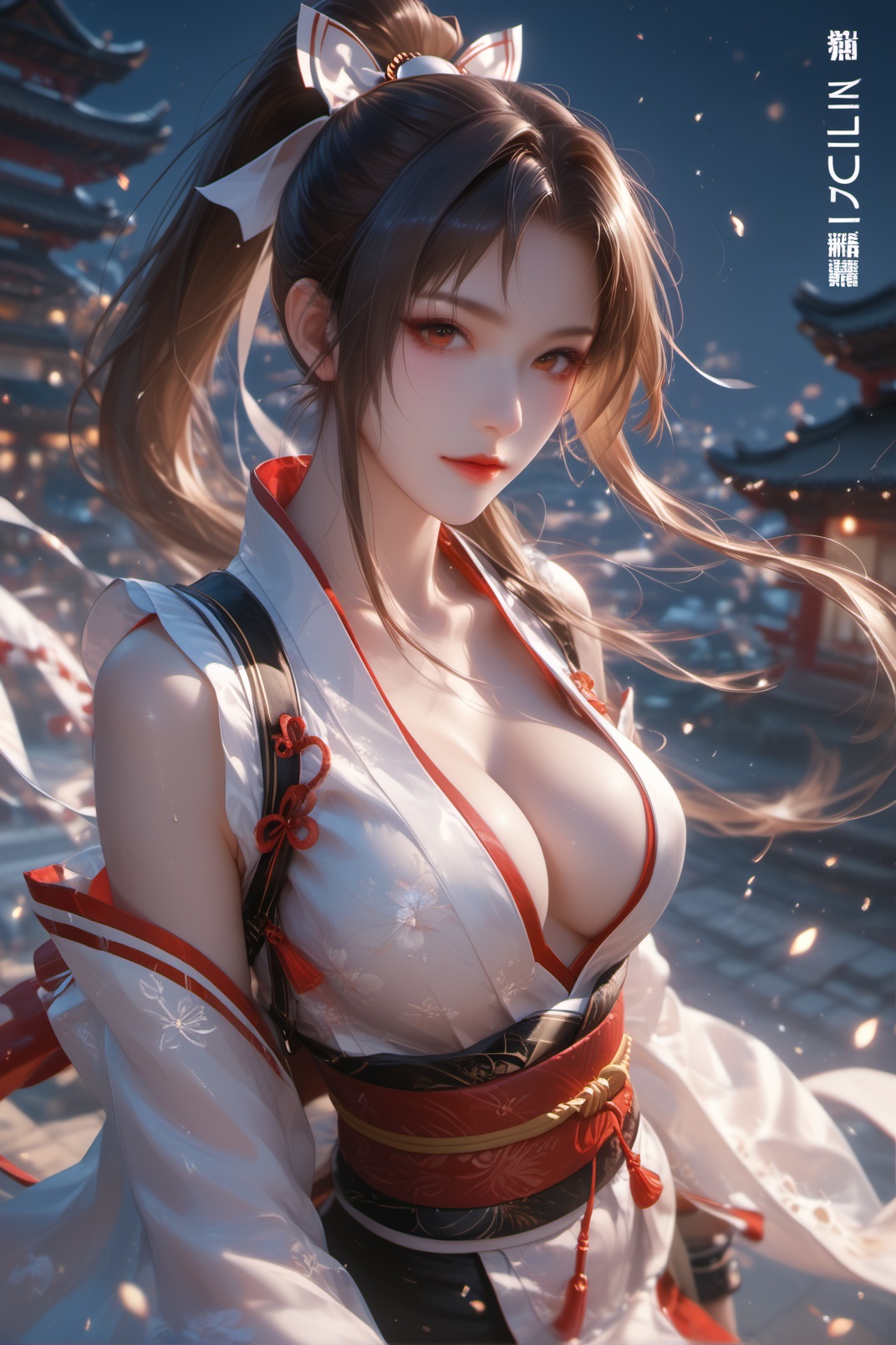 score_9,score_8_up,score_7_up,source_anime,night,1girl,solo,long hair,breasts,looking at viewer,large breasts,brown hair,red eyes,ribbon,cleavage,brown eyes,closed mouth,hair ribbon,upper body,ponytail,japanese clothes,nose,shiranui mai,(full body:1.3),curvy,from behind,highly detailed,ultra-high resolution,32K UHD,sharp focus,best-quality,masterpiece,offcial art,colorful,splash of color,movie perspective,advertising style,magazine cover,very aesthetic,perfect composition,intricate details,A shot with tension,(Visual impact,giving the poster a dynamic and visually striking appearance:1.2),impactful picture,