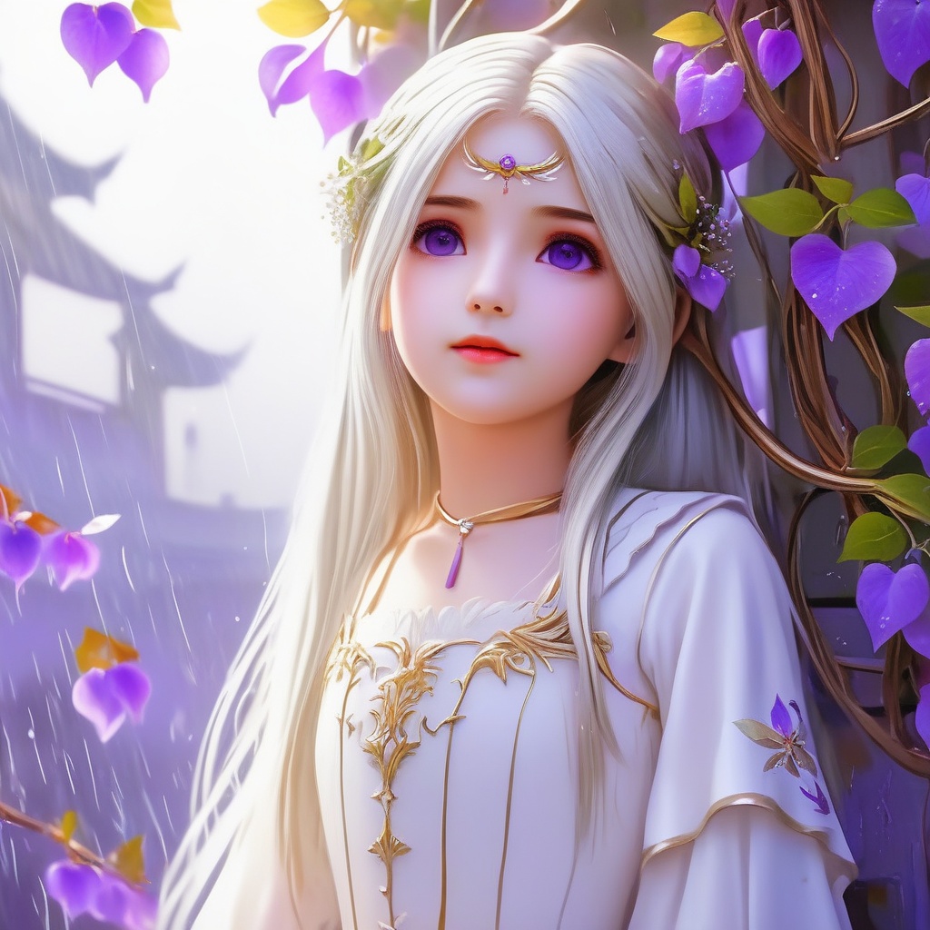 <lora:837-DA-XL-斗罗大陆-千仞雪-幼年:0.8>, (masterpiece),(best quality),illustration,ultra detailed,hdr,Depth of field,(colorful),loli,white background,Dundar effect,a lot of purple vines,vines covering half of the painting,delicate plant details,a girl,girl,petite girl,long white hair,golden pupils,white dress,bare feet,side,side,upper body,head up,sad eyes,rain,light,figure light,petals,purple filter,left,fog,dream,unreal,Blur,float light,