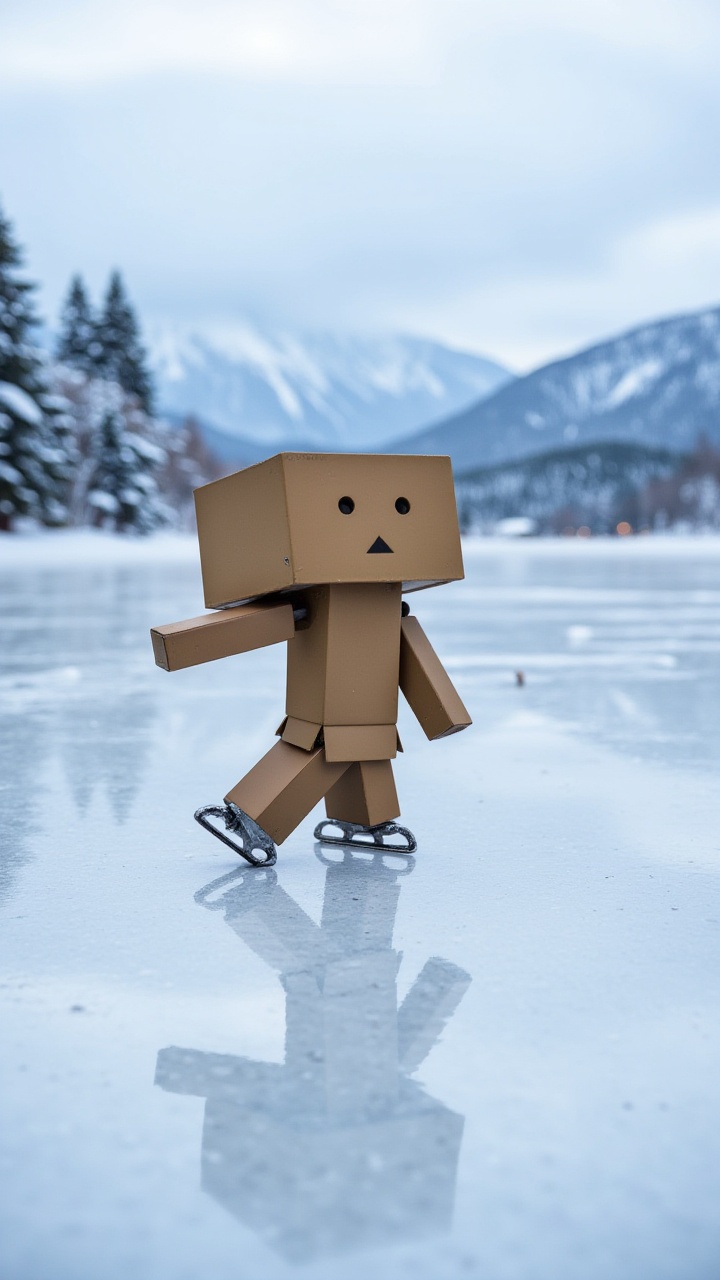 "aidmaDanbo ice skating on a frozen lake,  performing a graceful spin,  with snow-covered trees and distant mountains in t...