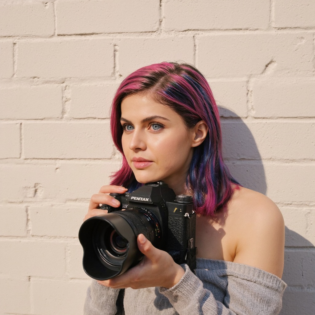 A portrait of alexandra_daddario with striking pink and purple hair,  captured in a candid moment. She holds a Pentax came...