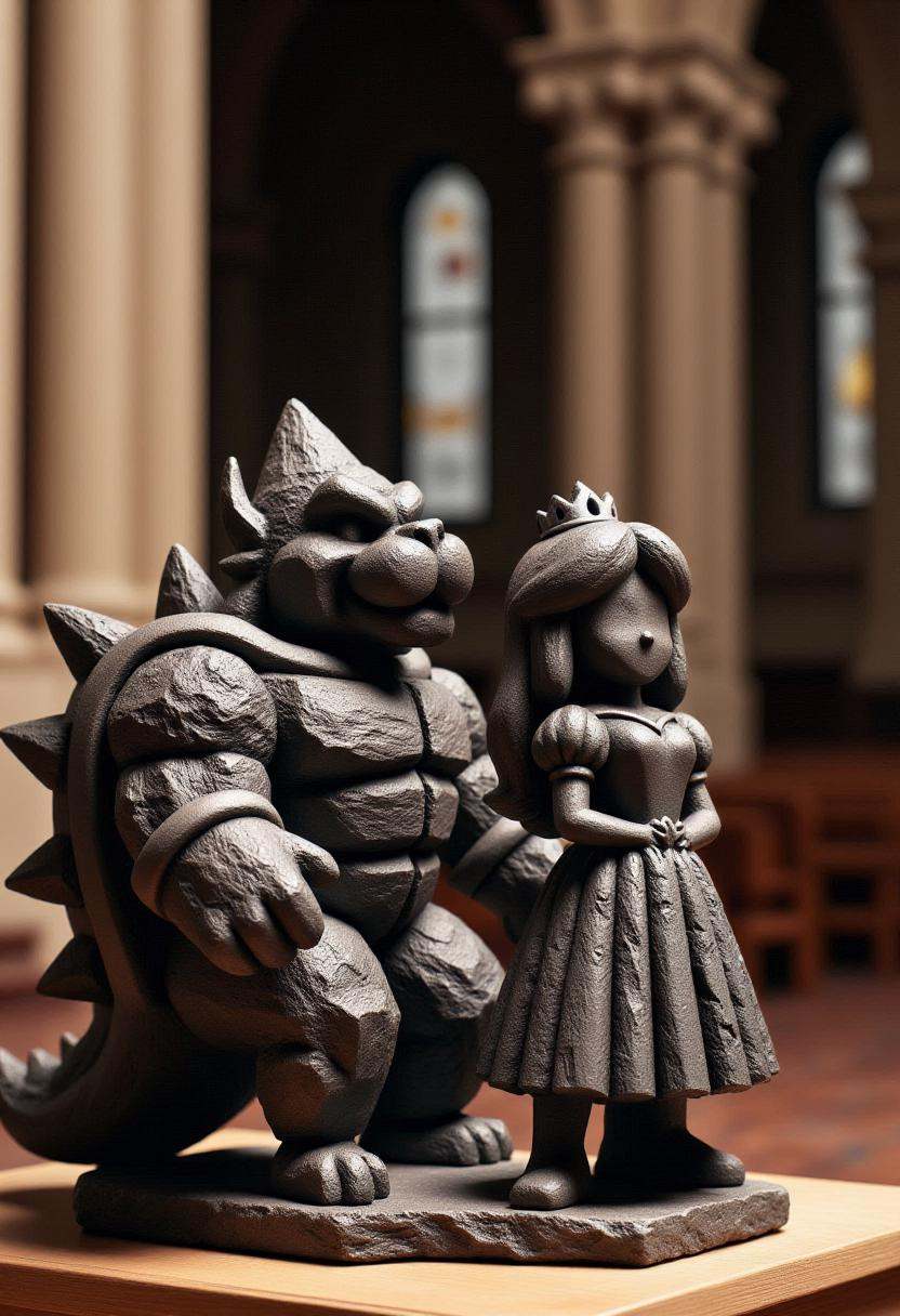 The image is a photograph of detailed coal statues of Bowser and Princess Peach,  in a church. on Tensor.Art