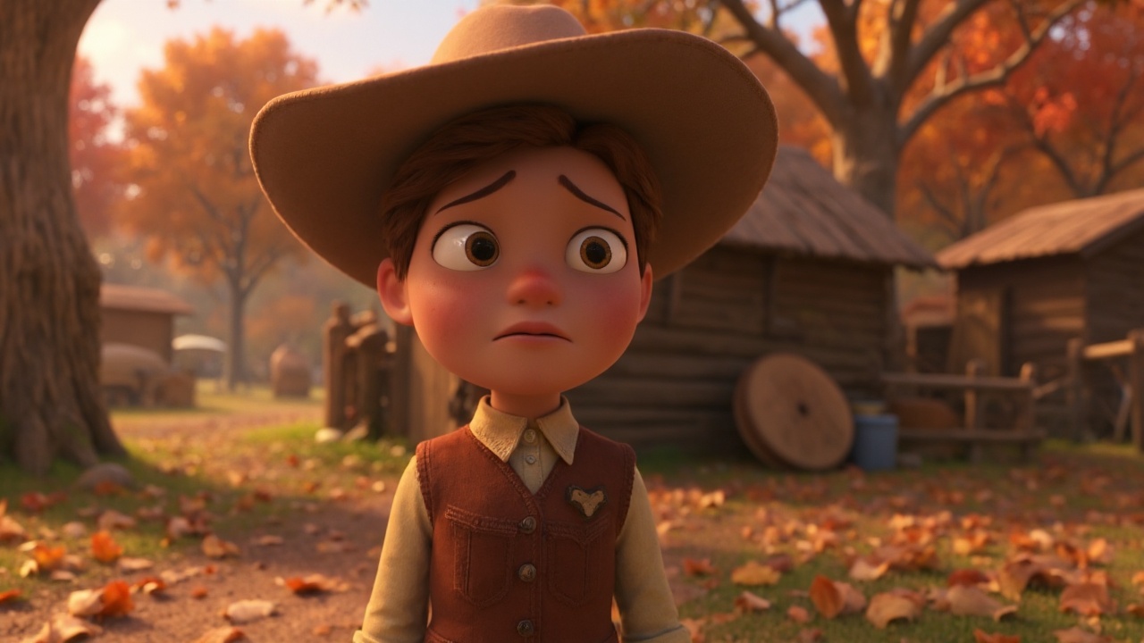 A CGI depiction of a cowgirl with a distressed expression,  set in a warm autumn landscape filled with fallen leaves. Her...