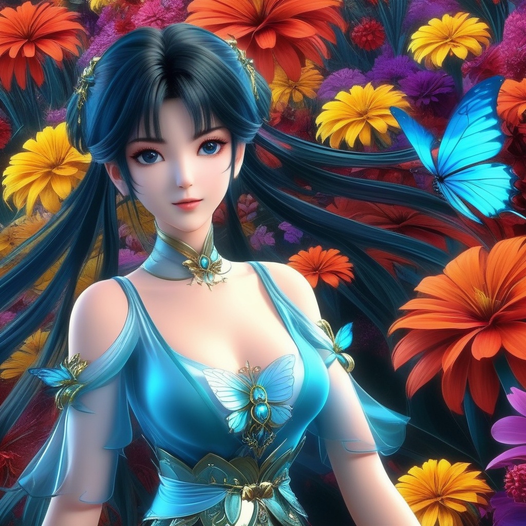<lora:834-DA-XL-诛仙-碧瑶:0.8>, (,1girl, ,best quality, ),,,anime,(masterpiece, top quality, best quality, official art, beautiful and aesthetic:1.2), (1girl)	, , (cleavage),, extreme detailed,(fractal art:1.3),colorful, flowers ,highest detailed,()    (cleavage),butterfly,  (),