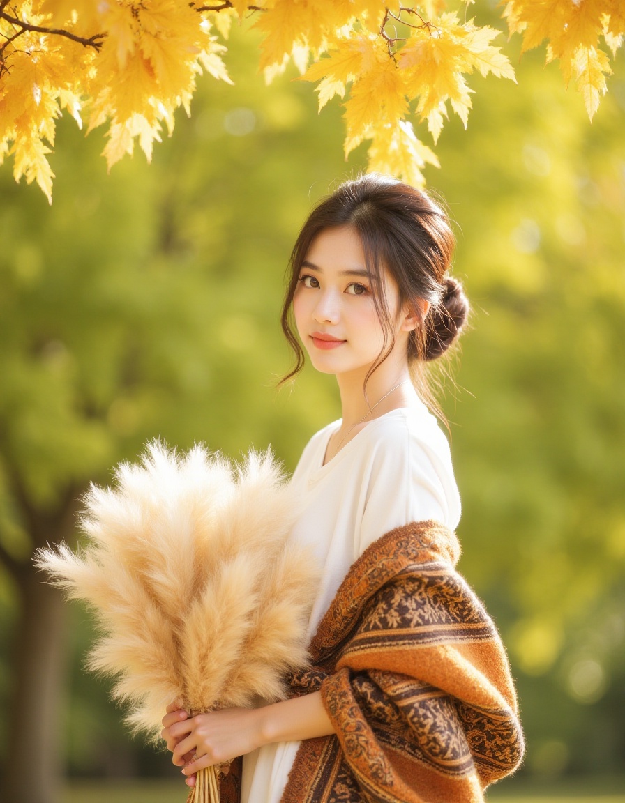 <lora:lora-qiutian2:1>,qiutian,Portrait of a young woman with an ethereal expression,standing in a sunlit autumn setting. She is positioned slightly off-center to the right,wearing a white top and a patterned brown and orange shawl. Her hair is styled in an elegant updo,and she holds a large,fluffy,beige pampas grass bouquet. The background features soft-focus green foliage,creating a dreamy atmosphere. Overhead,vibrant yellow autumn leaves hang from a tree,framing the scene. The lighting is soft and diffused,casting a warm,golden glow across the image. High-key photography,shallow depth of field,warm color palette,natural lighting,serene,ethereal,autumnal mood,visually balanced composition.,