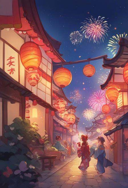 gb_style,  woman in a kimono walking at night in a japanese festival,  food stands on Tensor.Art
