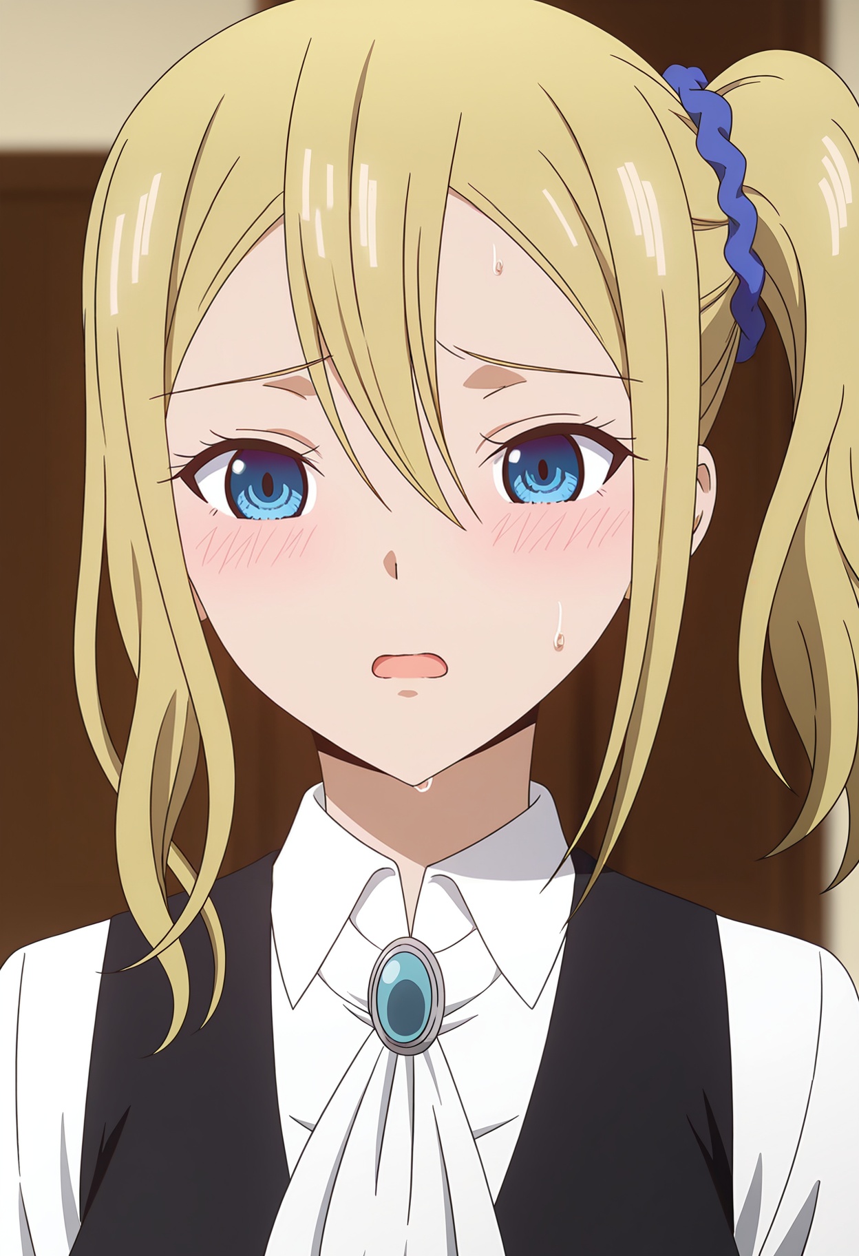 <lora:Ai HAYASAKA_illustrious-000018:1>,1girl,solo,Ai HAYASAKA,side ponytail,blush,open mouth,shirt,white shirt,collared shirt,blurry,blurry background,ascot,sidelocks,white ascot,sweat,jewelry,scrunchie,hair scrunchie,black vest,brooch,anime screencap,