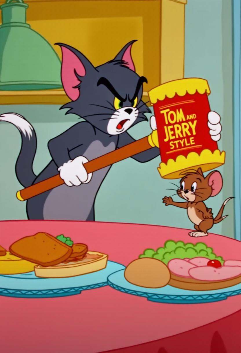 tjstyle cartoon image of an angry looking cat standing next to a table where a brown mouse is standing on next to plates o...