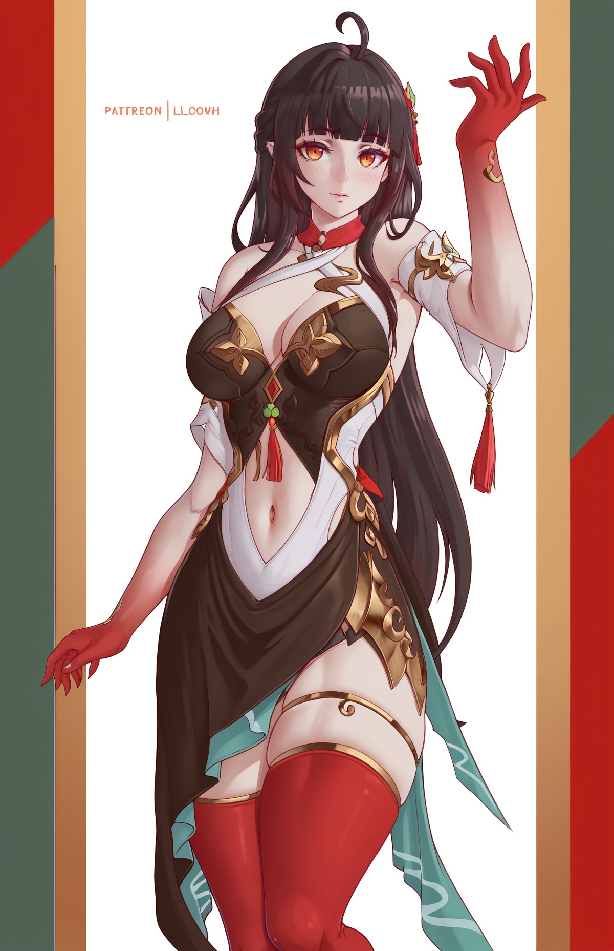 score_9, score_8_up, score_7_up, score_anime, BREAKlingsha, default clothes, red hands, red feet, 1girl, long hair, black hair, breasts, ahoge, cowboy shot, BREAKTEST, <lora:lingsha-pony-Tanger-000018:0.8>, masterpiece, best quality, <lora:tmelowh-pony-Tanger:0.5>, melowh, melowh Art style, clean and crisp picture, 1girl, breasts, by melowh, 