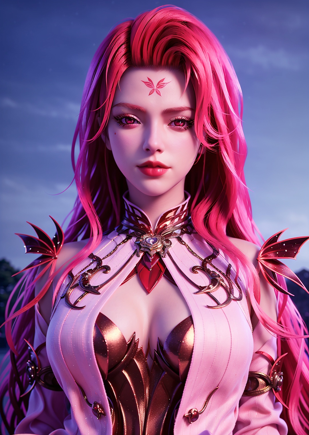 1girl,solo,long hair,pink hair,pink eyes,heart-shaped pupils,red lips,forehead mark,closed mouth,dress,looking at viewer,outdoors,sky,day,portrait,(blurry),depth of field,simple background,3d,Highly detailed,(ultra-detailed),(best quality,masterpiece:1.5),<lora:xidi:0.7>,