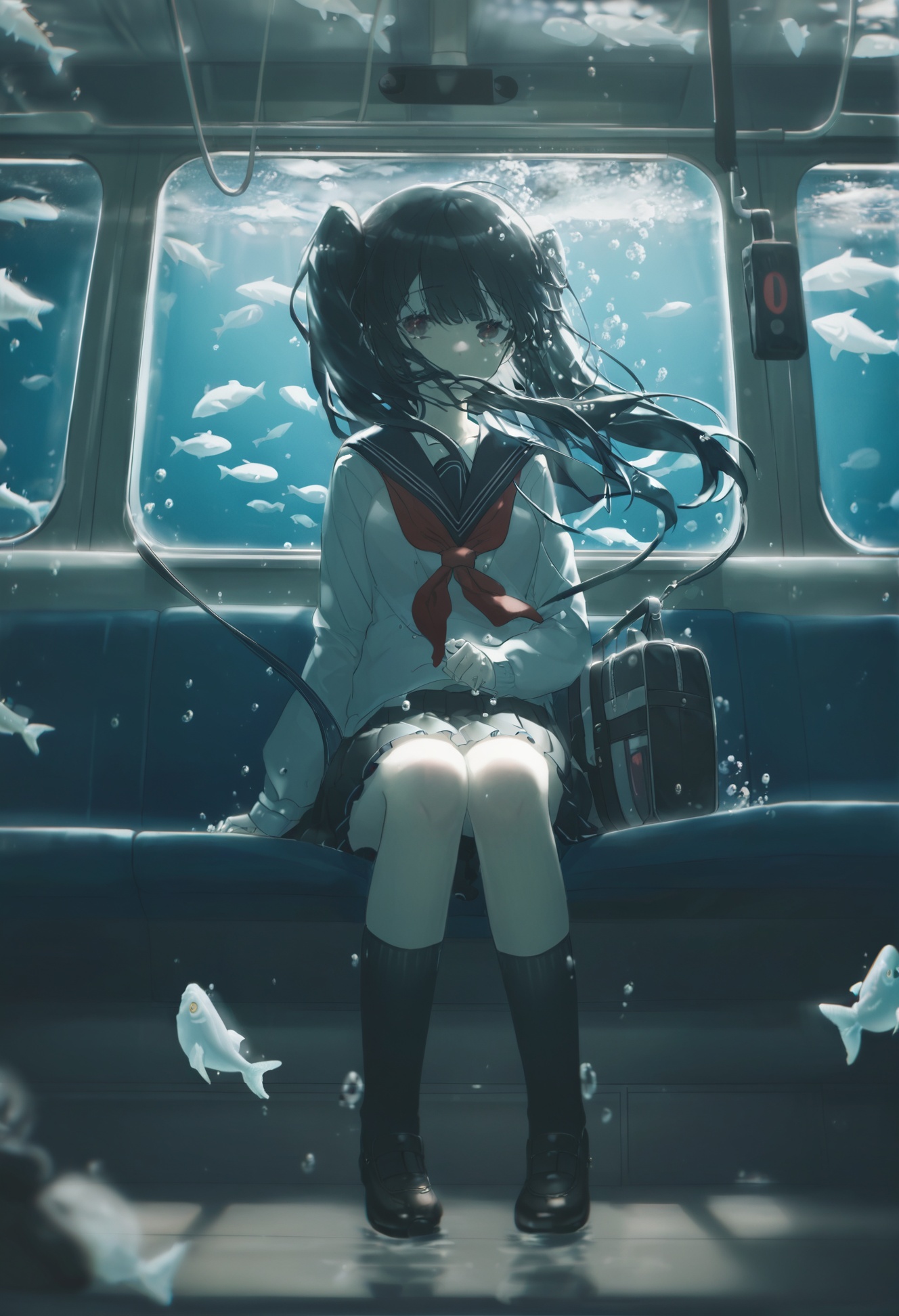 masterpiece,best quality, score_9,score_8,score_7_up,score_6_up,1girl, train interior, bag, school uniform, fish, solo, sitting, long hair, bubble, skirt, neckerchief, socks, red neckerchief, serafuku, black socks, shoes, underwater, school bag, sailor collar, black hair, air bubble, blue theme, black skirt, shirt, pleated skirt, long sleeves <lora:konyakarasueXLlokr4f-000140:0.95>