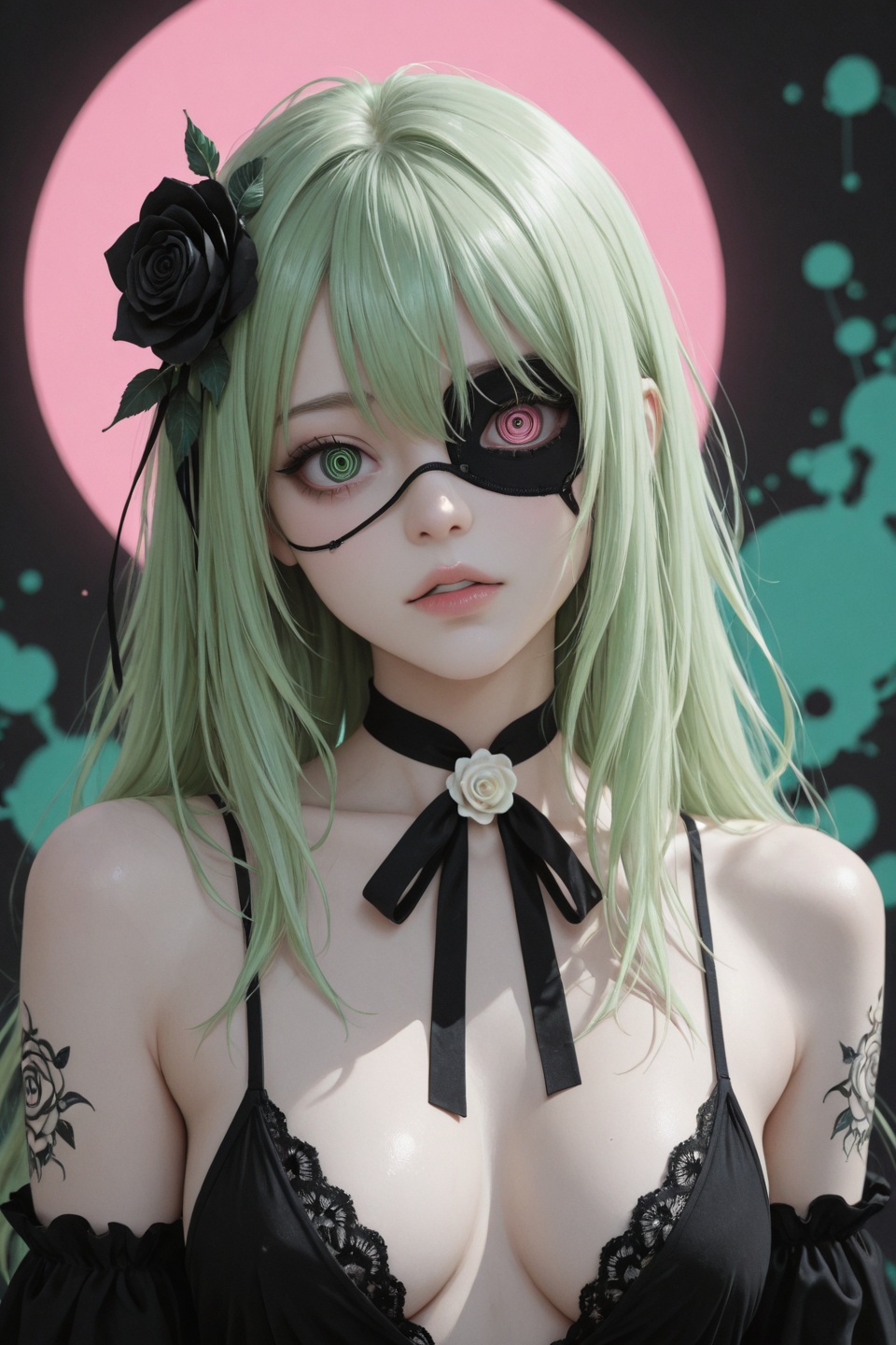 A digital illustration of a cute anime girl with pale skin and long,  flowing green hair. She has large,  expressive eyes...