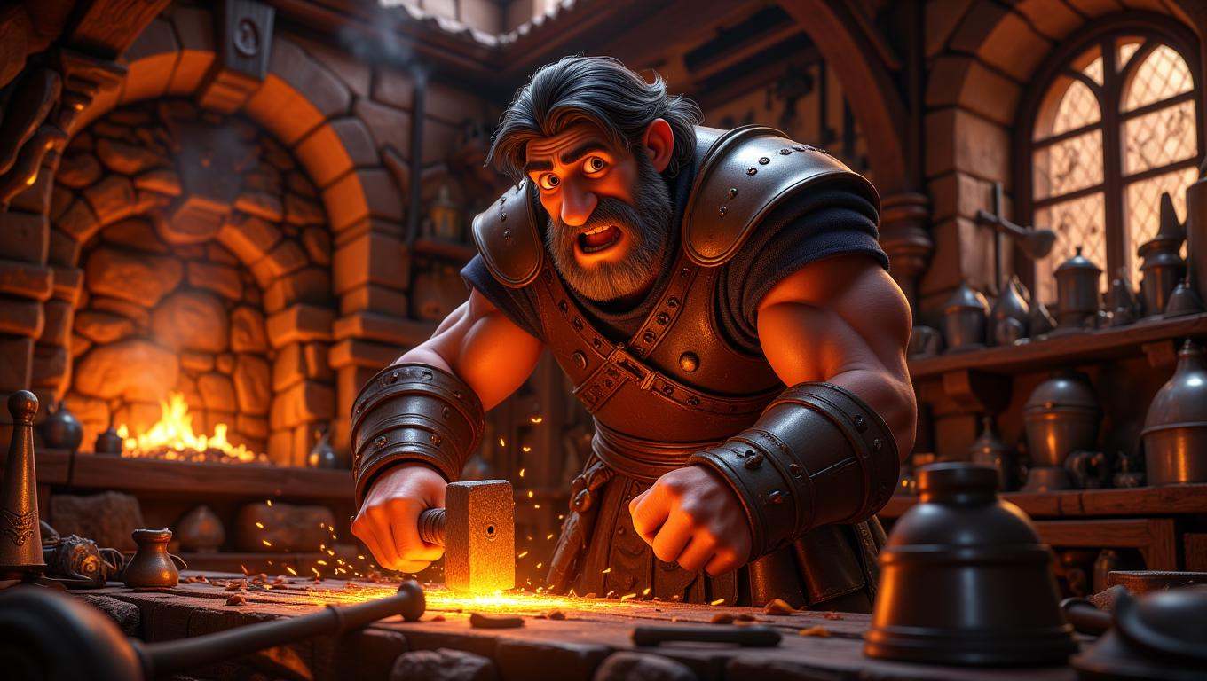 A rugged blacksmith,  with muscular arms and a weathered face,  hammers away at a glowing piece of metal in a smoky on Ten...