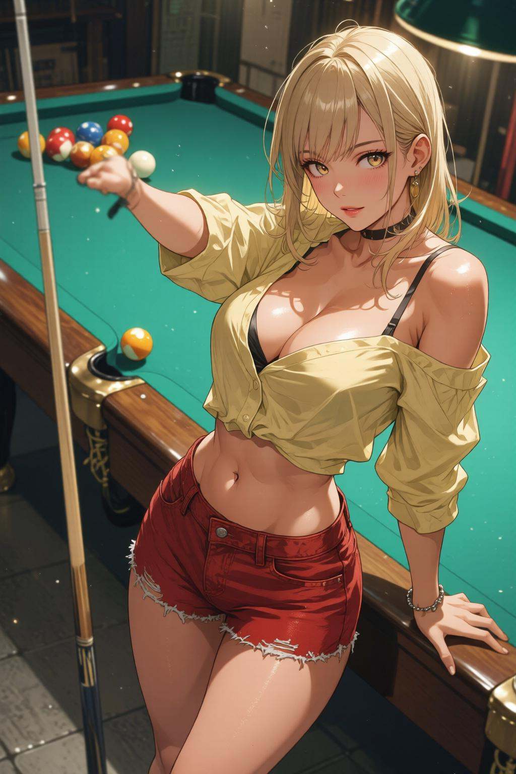 nijimix6q anime style illustration. High angle view of a blonde female woman shooting pool at a pool table. She wears a re...