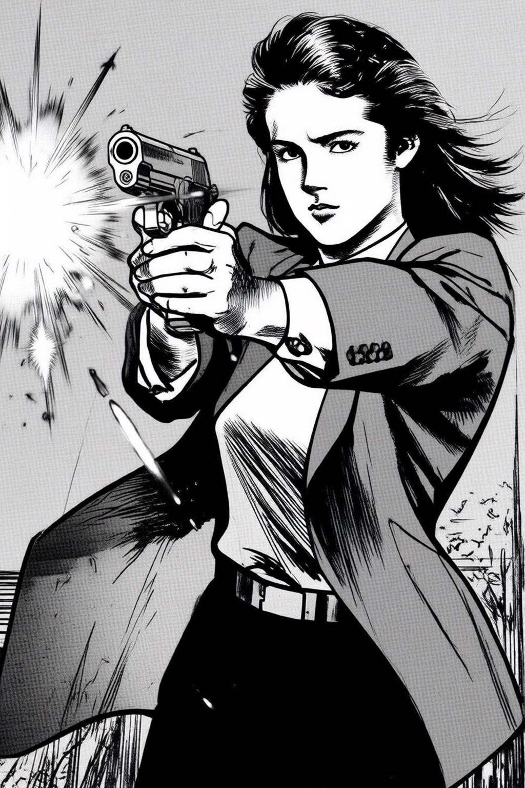 ryoichiikegami2q illustration. Black and white drawing.A woman in mid-action,  shooting two handguns,  one in each hands....