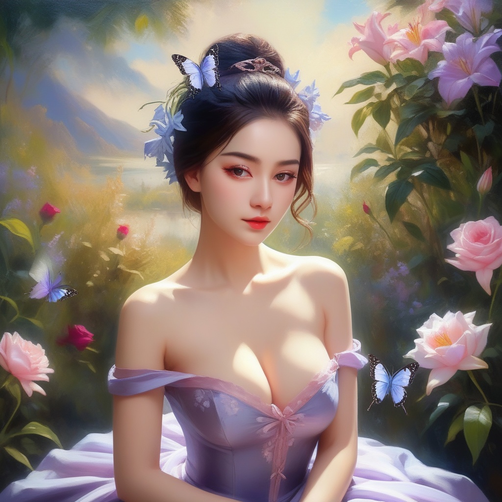 <lora:831-DA-XL-国风E:0.8>, (,1girl, ,best quality, ),,  ,ultra detailed 8k cg,ultra realistic 8k cg,1girl, solo,(bare shoulders:0.85),(masterpiece, best quality),((oil painting style)),sexy young lady,(beautiful face and eyes),(upper body:1.5),(whole body:1.05),(single person:1.2),surrounded by flowers, (lily), roses, floret, vegetation, white, purple, purplish pink,Impressionism,colorful,(Breast size:1.3),(cleavage),, butterfly,(sit),
