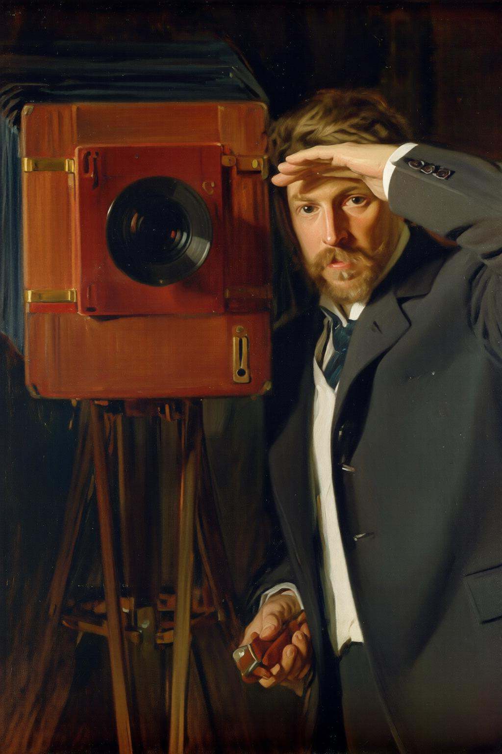 joaquinsorolla3q painting.A man dressed in a formal suit stands beside a large,  vintage camera mounted on a tripod. The c...